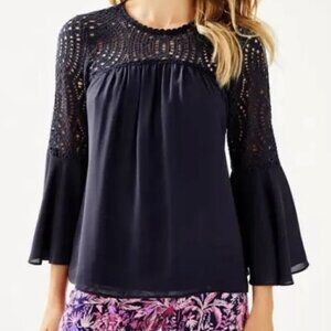 Lilly Pulitzer Amenna Lace Flounce Sleeve Blouse, True Navy, Size 00